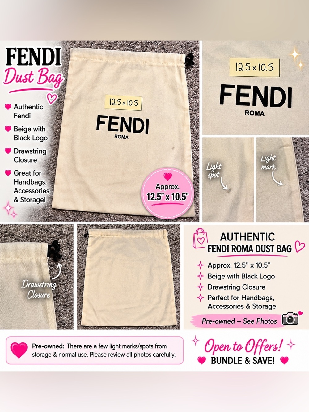 Fendi Roma Dust Bag 12.5” x 10.5” Beige Drawstring Storage Bag
